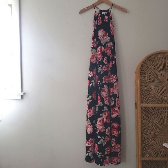 Candie's Floral Rose Print Halter Maxi Dress Skirt Slits Black Pink Keyhole S - Picture 2 of 9